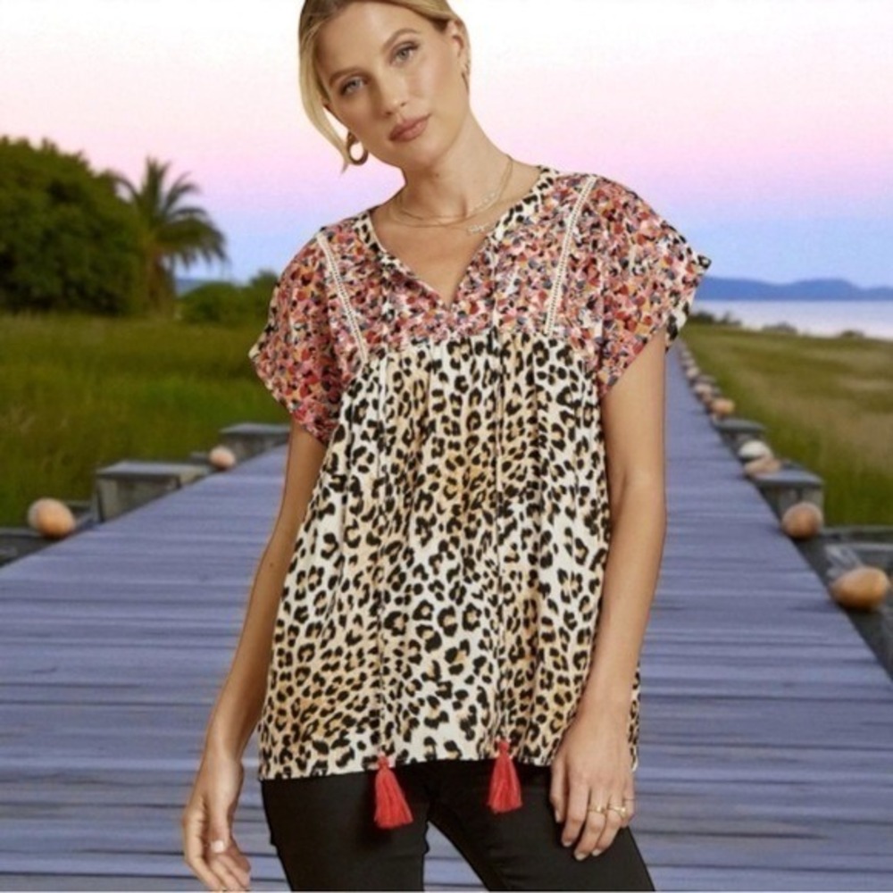 Savanna Jane Mabel Embroidered Leopard Top with Tassle Boho Chic Size M
